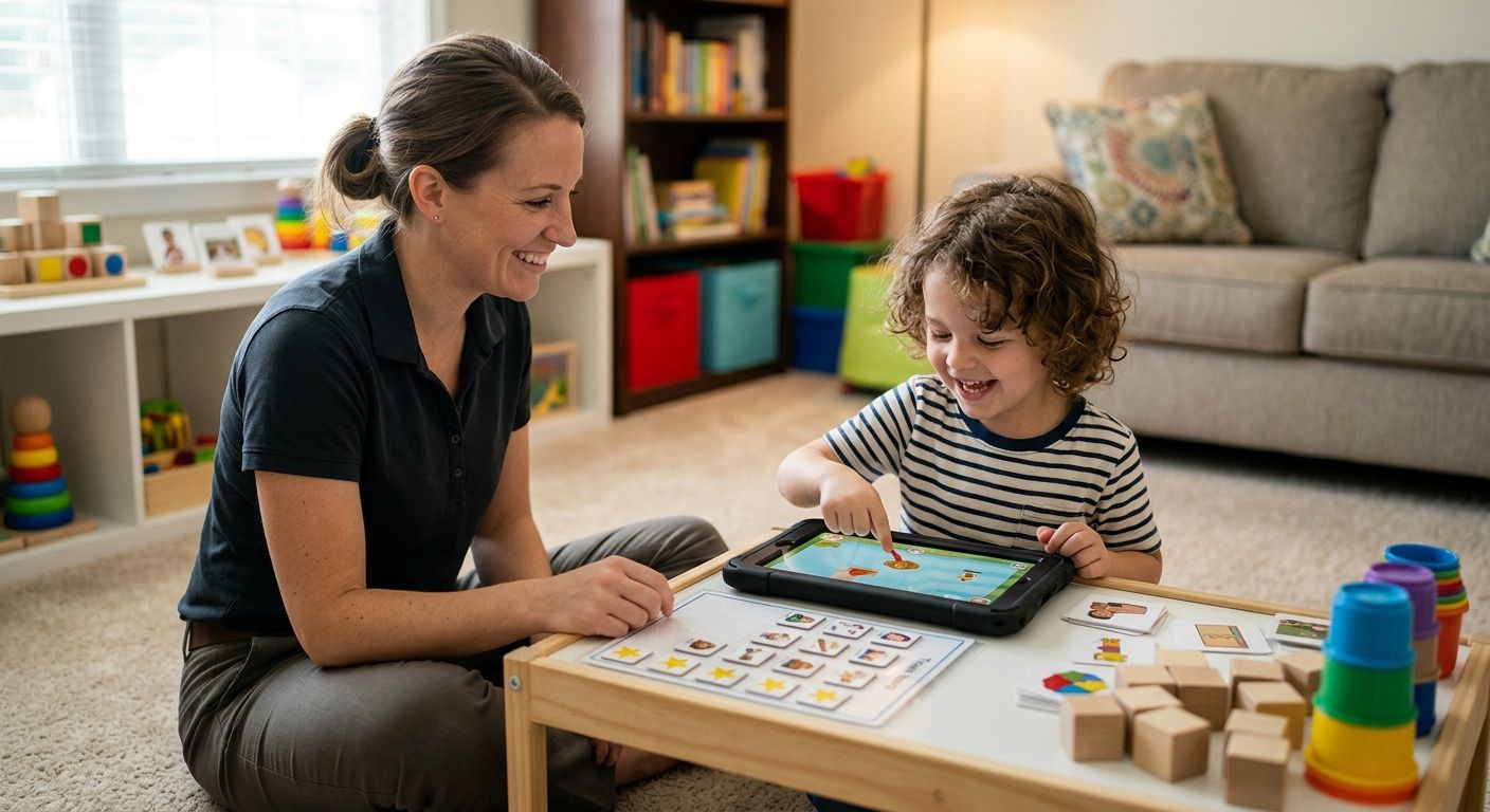 BCBA from Hidden Gems ABA Therapy smiling while engaging a young child with autism in a joyful in-home therapy session using a tablet and token board in Fayetteville.
