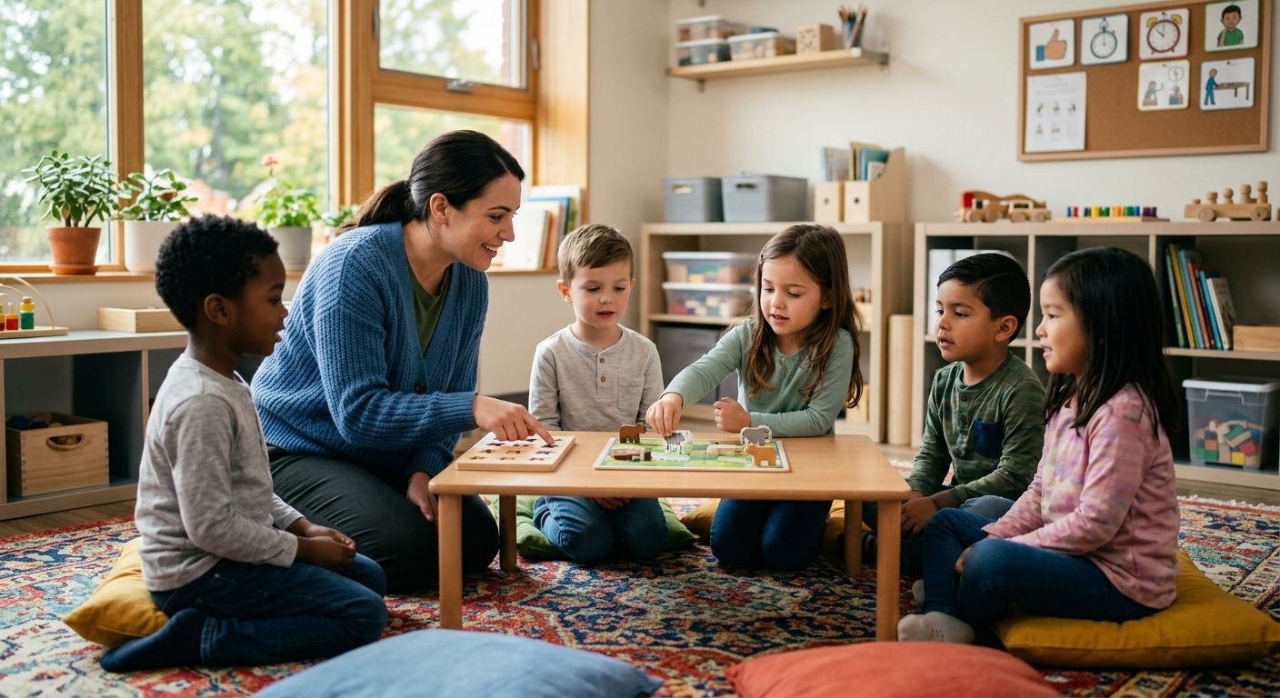Children with autism sitting on a colorful rug in a circle, playing a board game with an ABA therapist using a token board to encourage turn-taking in a bright therapy room with toys and visual schedules.