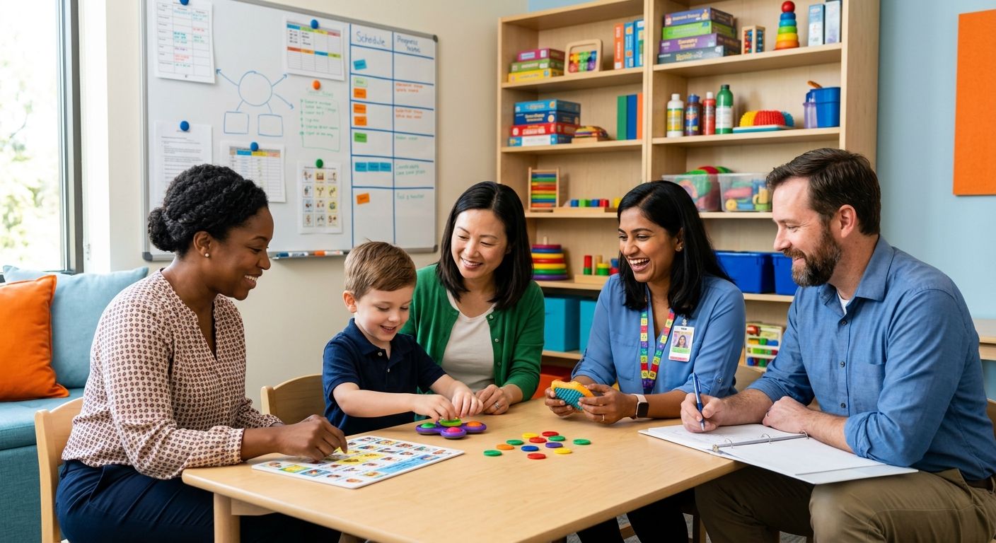 A diverse team of autism specialists—a Board Certified Behavior Analyst, a speech-language pathologist, and an occupational therapist—sitting around a table with a young child and a parent in a bright therapy room, using colorful visual tools and toys.