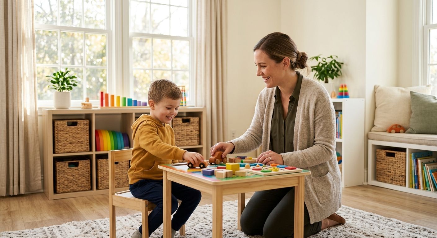 Board certified behavior analyst kneeling with young child in bright therapy clinic