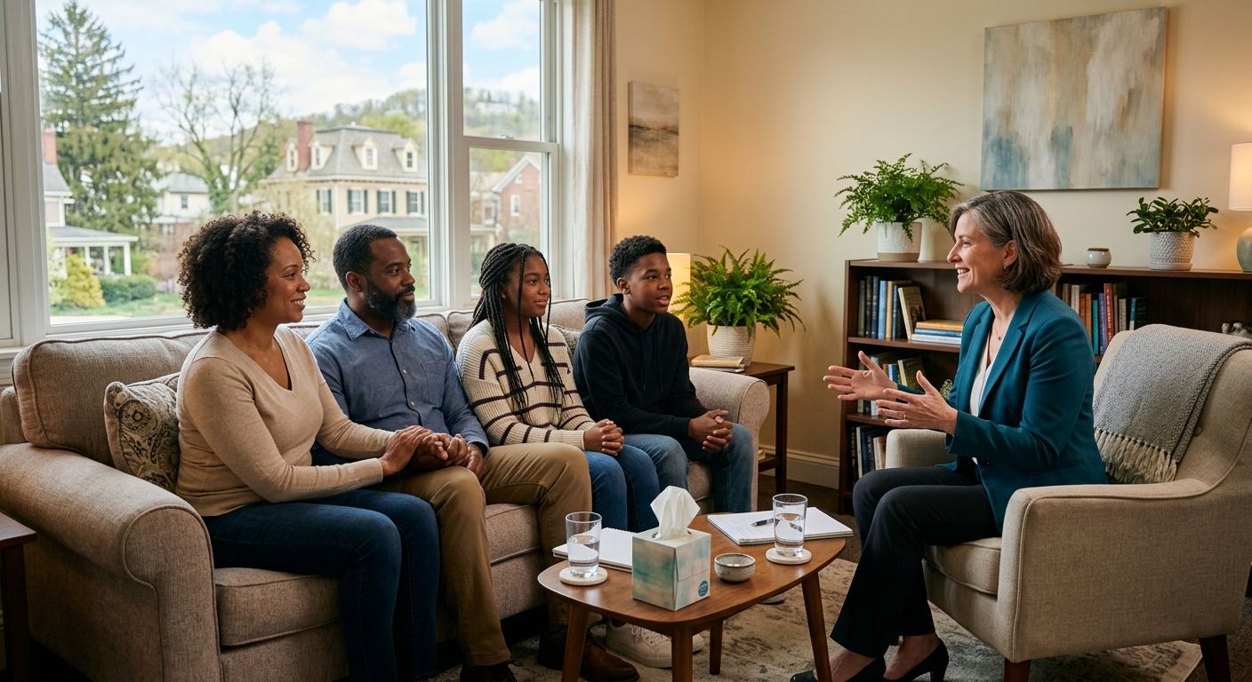 Family therapy session in a warm, sunlit room in Bethlehem, Pennsylvania, with a therapist and family of four engaging in conversation.
