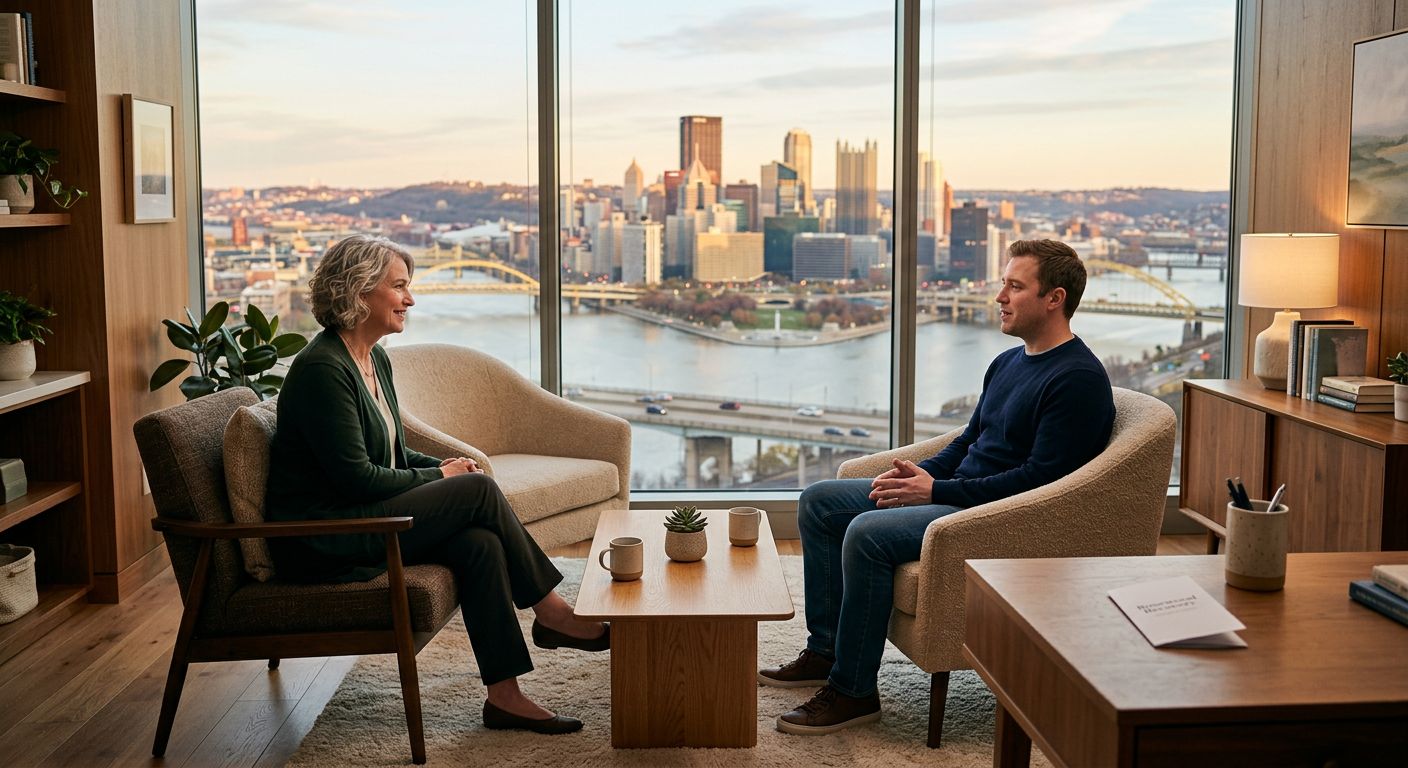 Professional therapy session in a modern Pittsburgh office with large windows and city skyline view, therapist and client in supportive conversation, calming atmosphere with soft natural lighting