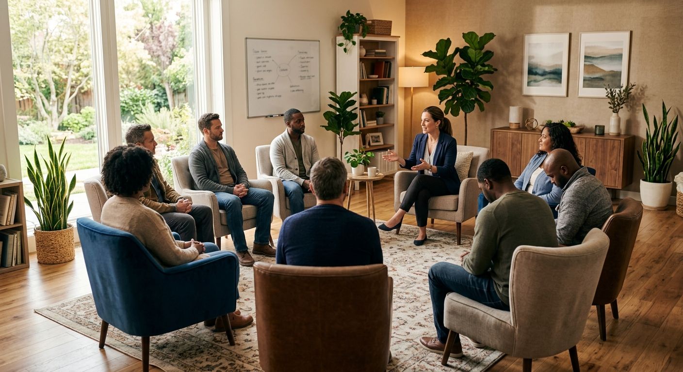 Spacious light-filled recovery center interior with comfortable armchairs in a circle, whiteboard with blurred group therapy notes, therapist engaging participants, plants and warm natural light creating a non-clinical, homelike environment.