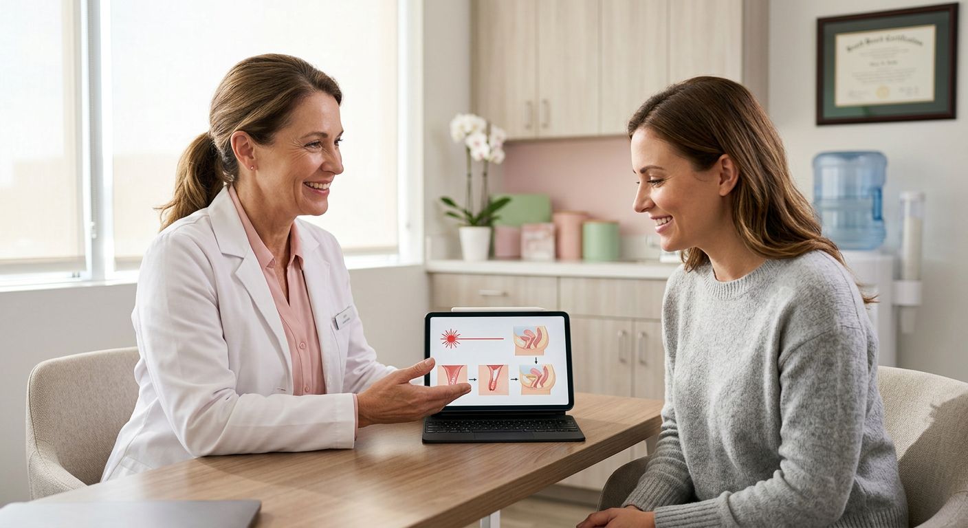 A female gynecologist in a white coat consults with a relaxed female patient in a sunlit modern clinic room, with a tablet showing a simplified laser diagram, pink and white decor, and a framed certificate in the background.