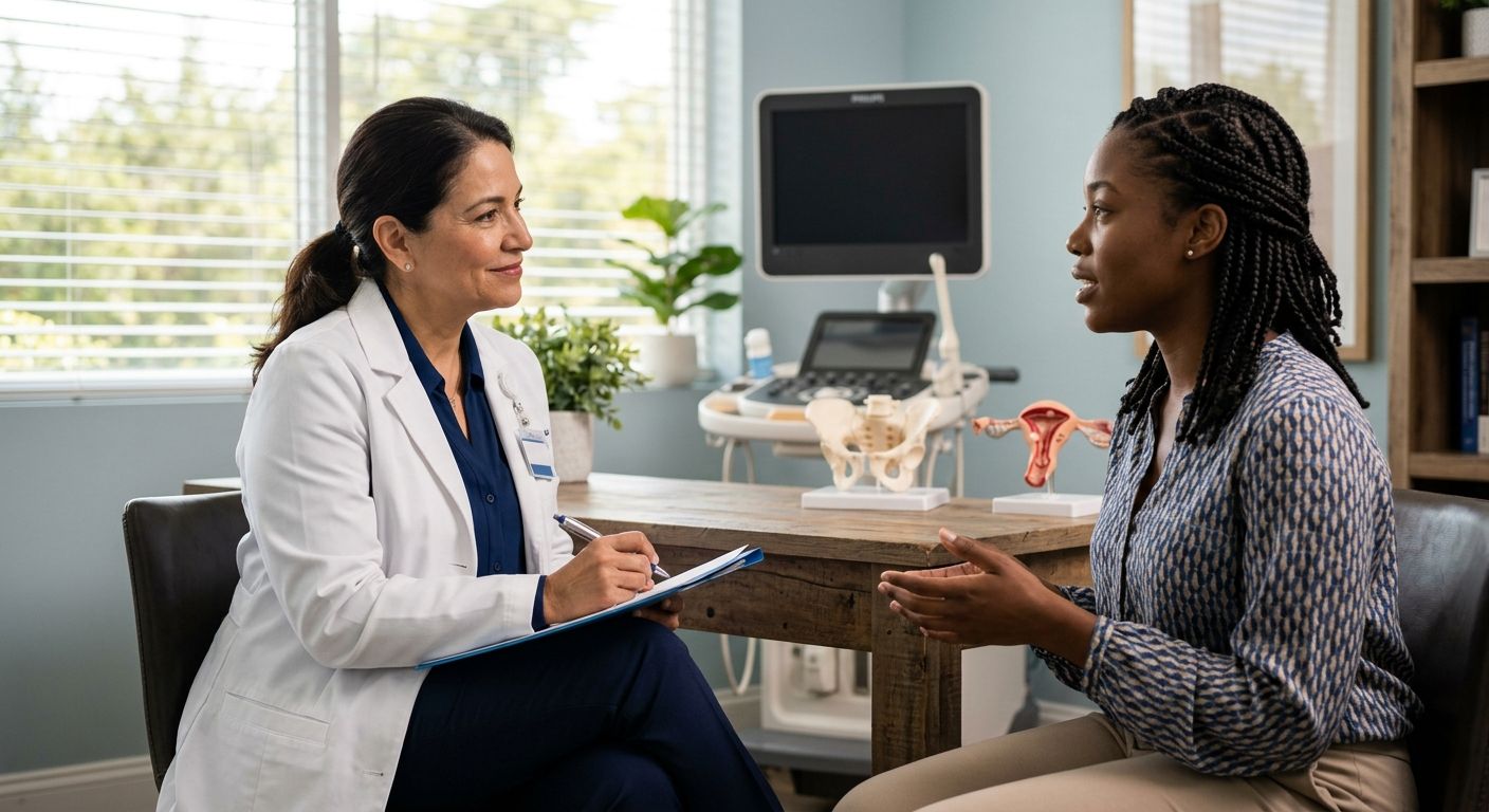 A female patient consulting with a board-certified gynecologist in a modern, warm medical office in Fort Lauderdale, with an ultrasound machine and anatomical models in the background.