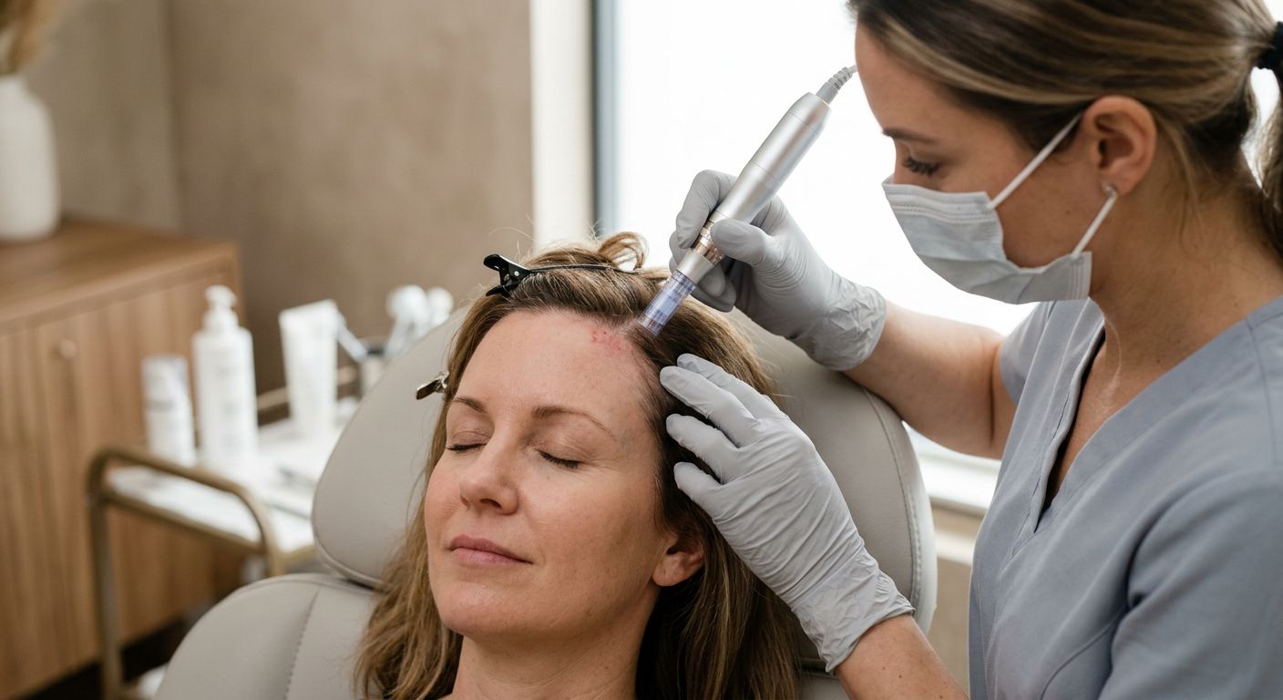 A calm middle-aged woman receiving scalp microneedling treatment from a professional provider in a softly lit treatment room with neutral decor.