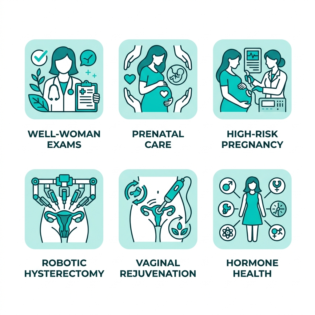 clean flat grid of six icons representing comprehensive OBGYN services