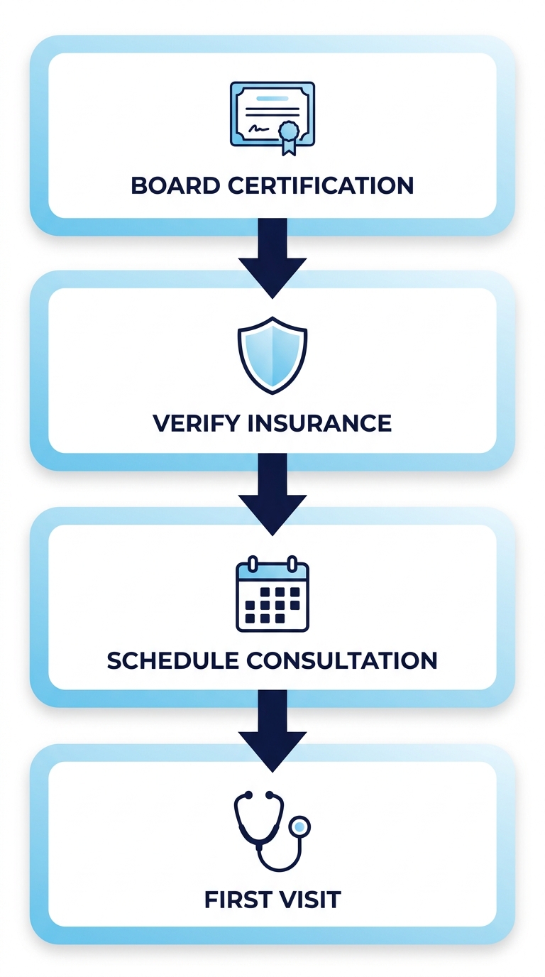 Vertical process flow showing four steps to become a new OB-GYN patient: Check Board Certification, Verify Insurance, Schedule Consultation, and First Visit