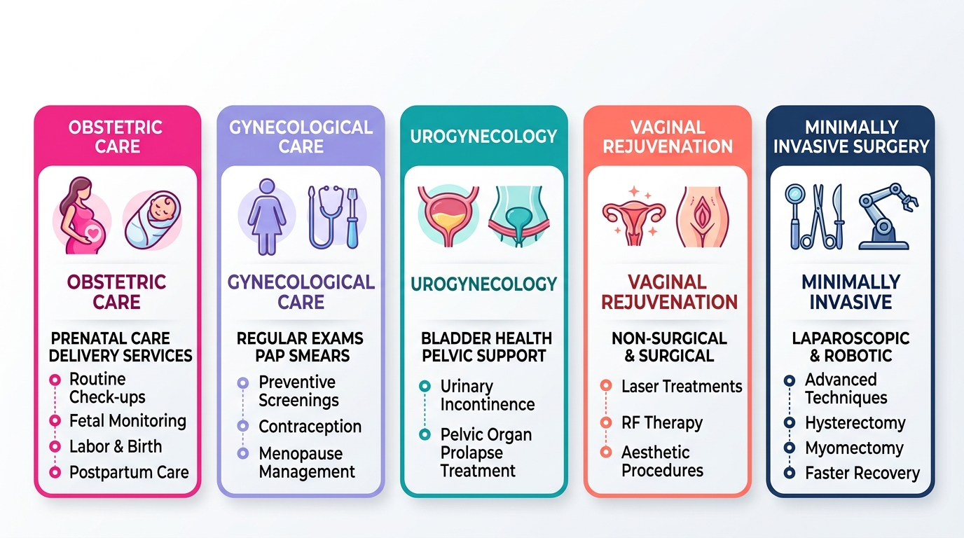 Color-coded infographic of full-spectrum OB/GYN services including obstetric care, gynecological care, urogynecology, vaginal rejuvenation, and minimally invasive surgery with icons and clean layout