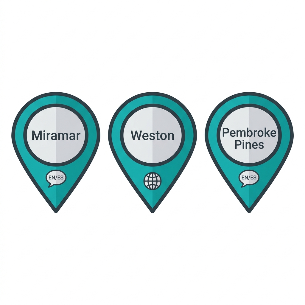 Icon set of three location markers with office names: Miramar, Weston, Pembroke Pines, each with a brief tagline of services and a multilingual icon.