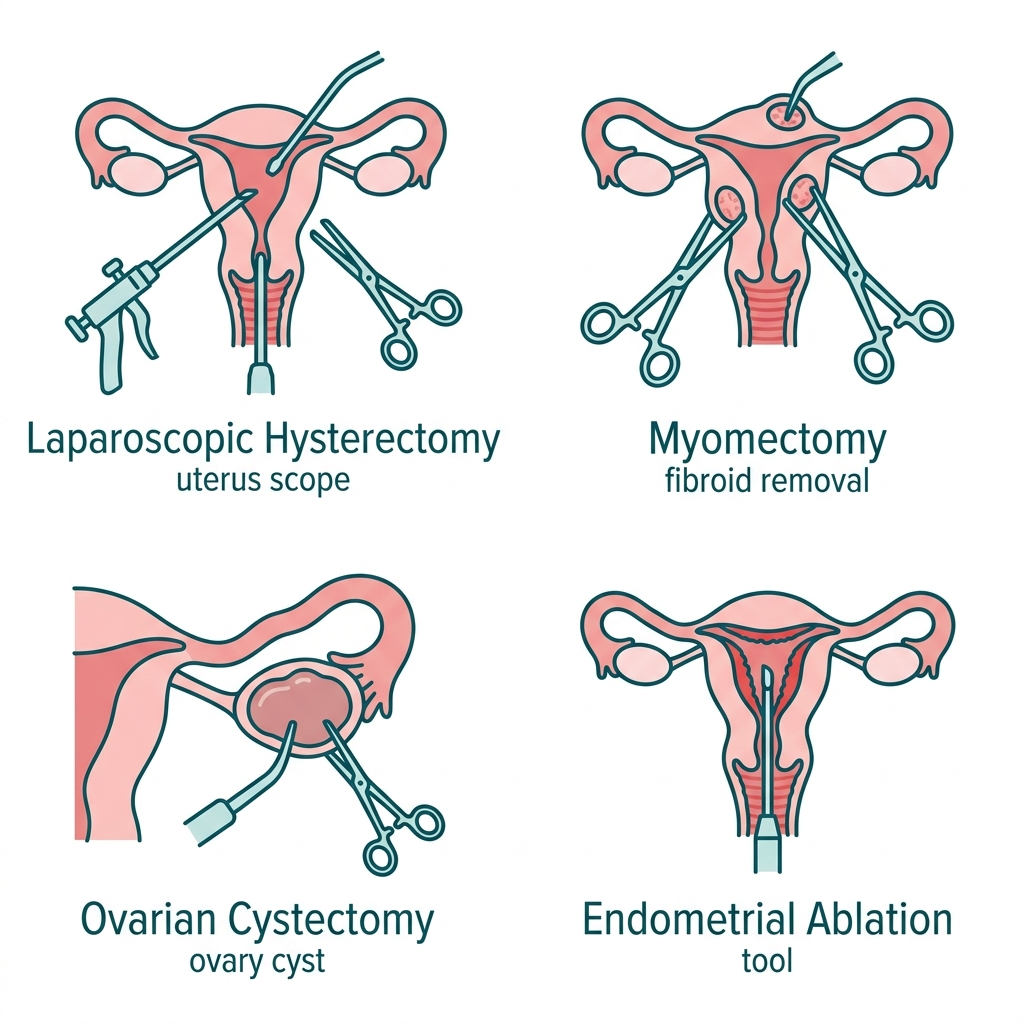 Grid of 4 icons showing laparoscopic hysterectomy, myomectomy, ovarian cystectomy, and endometrial ablation procedures