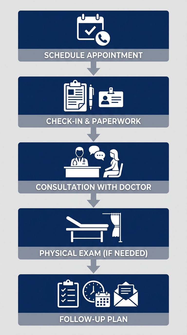 Vertical process flow diagram for a first gynecologist visit, showing five sequential steps from scheduling an appointment to establishing a follow-up plan.