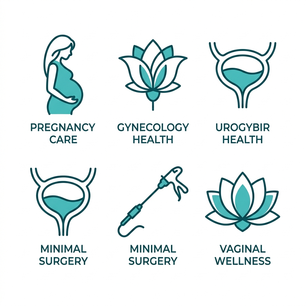 Five icon set showing obstetrics, gynecology, urogynecology, minimally invasive surgery, and vaginal rejuvenation services