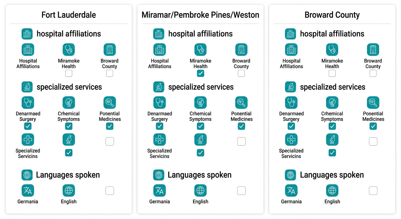 OBGYN service comparison infographic for Fort Lauderdale, Miramar/Pembroke Pines/Weston, and Broward County showing hospital affiliations, specialized services, and languages spoken.