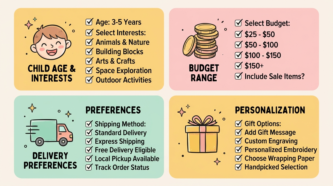 Checklist infographic showing four playful icon-led sections for ordering a birthday toy bundle, with child icon for age, coin stack for budget, truck for delivery, and gift box for personalization.