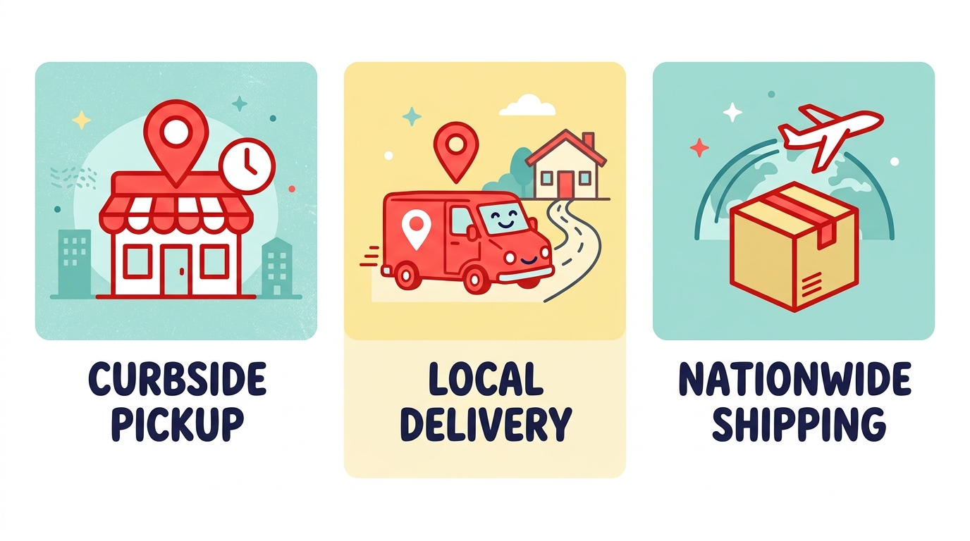 Three fulfillment options: curbside pickup at a toy store, local delivery van, and nationwide shipping parcel with plane icon