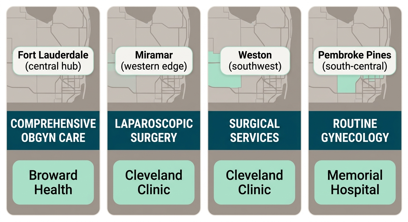 Infographic comparing gynecologic care access across Fort Lauderdale, Miramar, Weston, and Pembroke Pines