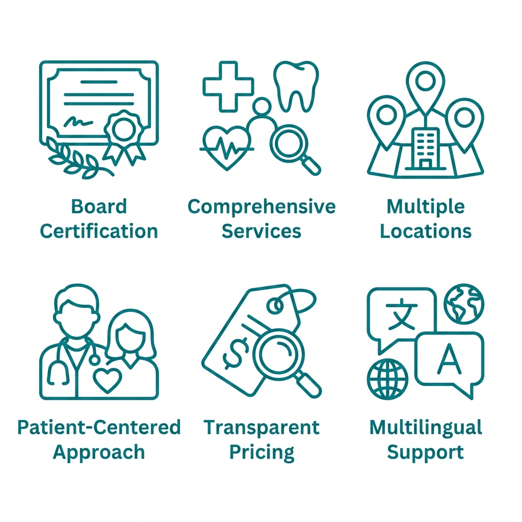 Grid icon set showing six key factors for choosing a gynecologist: board certification, comprehensive services, multiple locations, patient-centered care, transparent pricing, and multilingual support. Outline teal icons on white background.