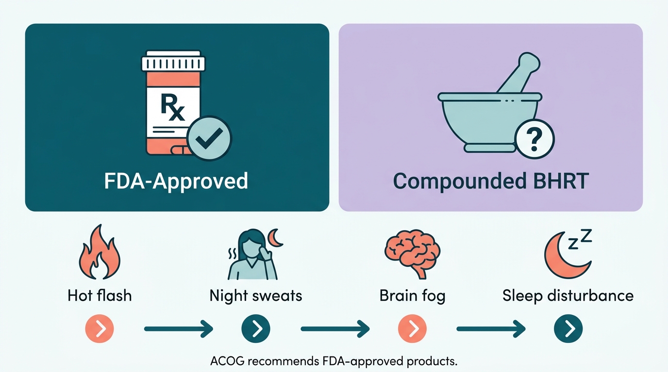 Educational infographic comparing FDA-approved bioidentical hormones and compounded BHRT for menopause symptom relief