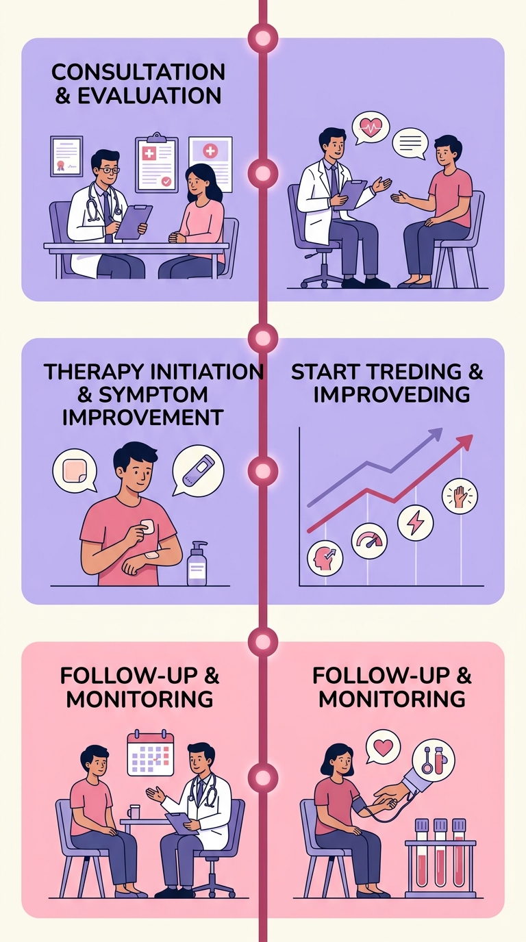 Timeline of hormone therapy journey showing consultation, therapy start, and follow-up milestones
