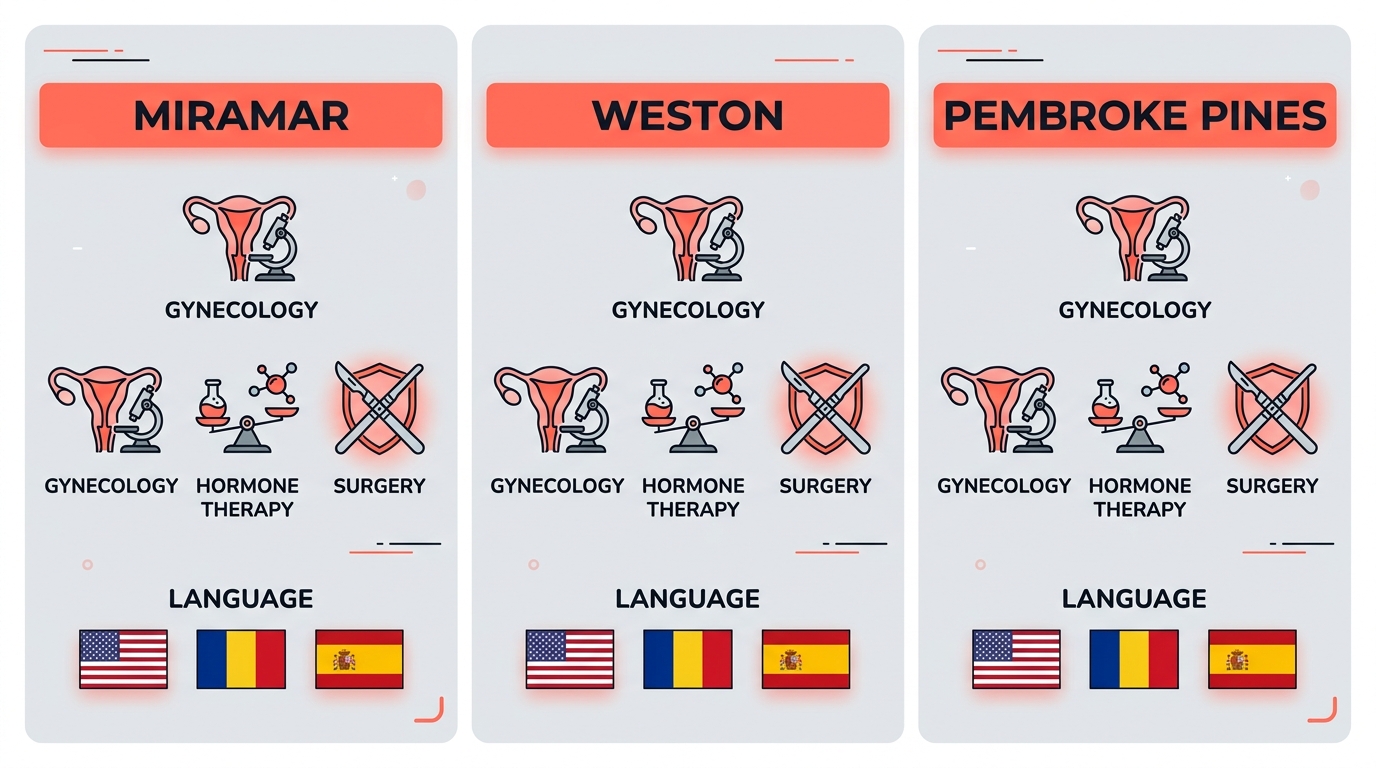 Three-panel comparison infographic showing First Class OBGYN clinics in Miramar, Weston, and Pembroke Pines with service focus icons and language flags