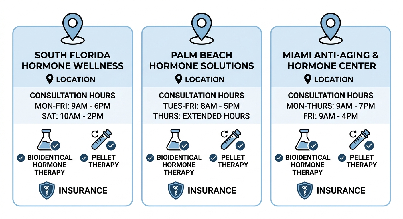 Infographic comparing First Class OBGYN's three South Florida clinic locations for hormone therapy