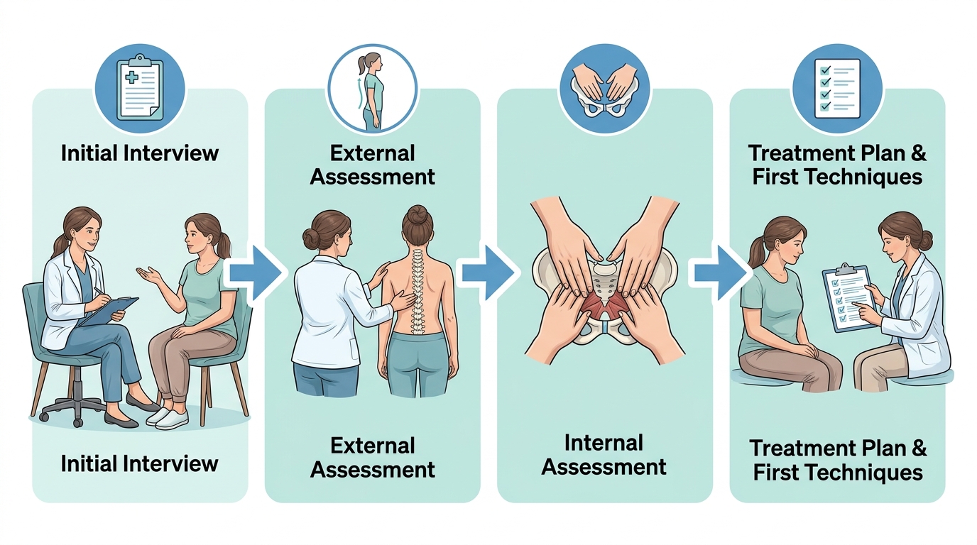 Horizontal process flow for a first pelvic floor therapy visit