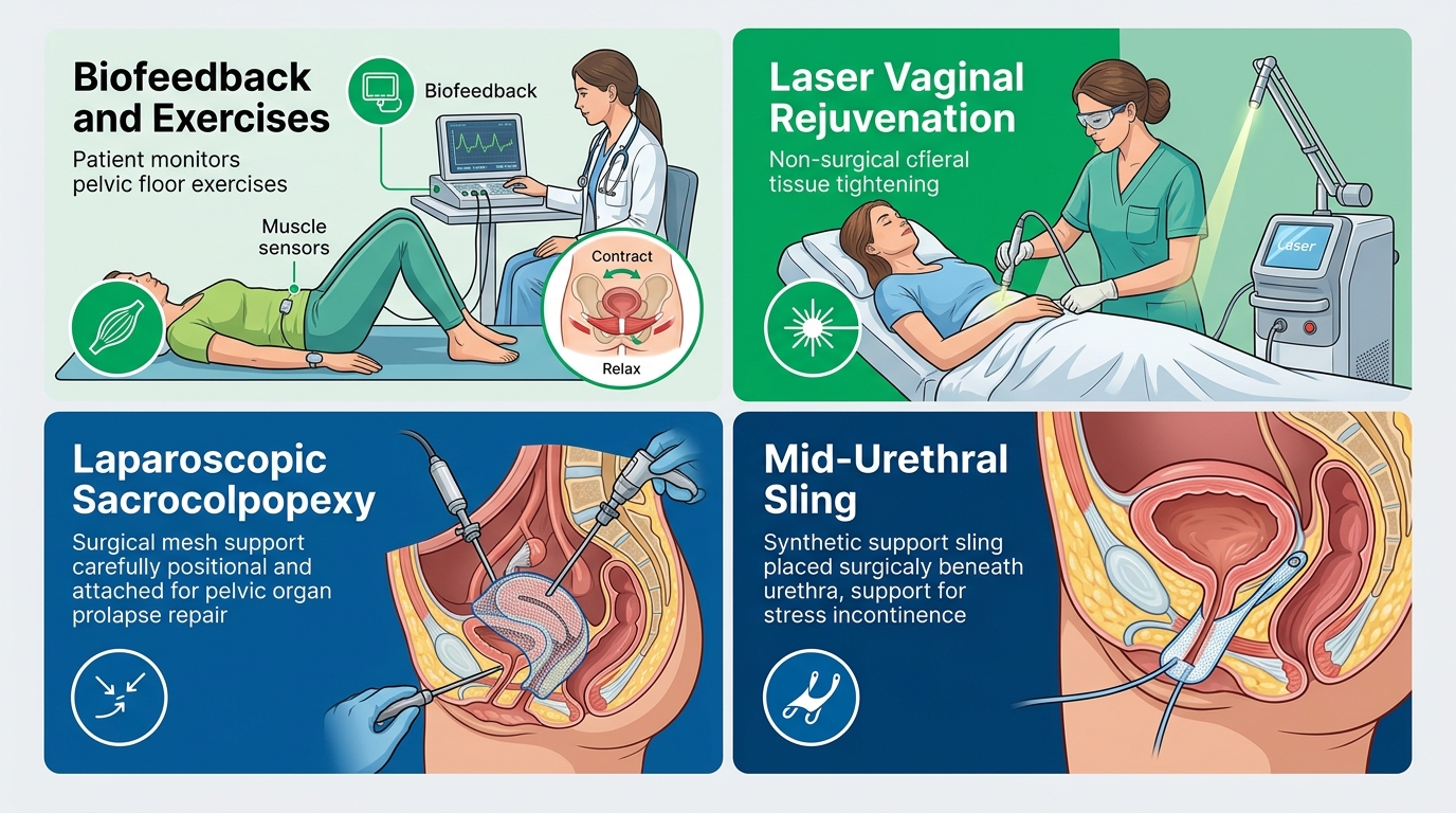 Infographic comparing four advanced treatment options for pelvic floor conditions, including non-surgical and surgical approaches.