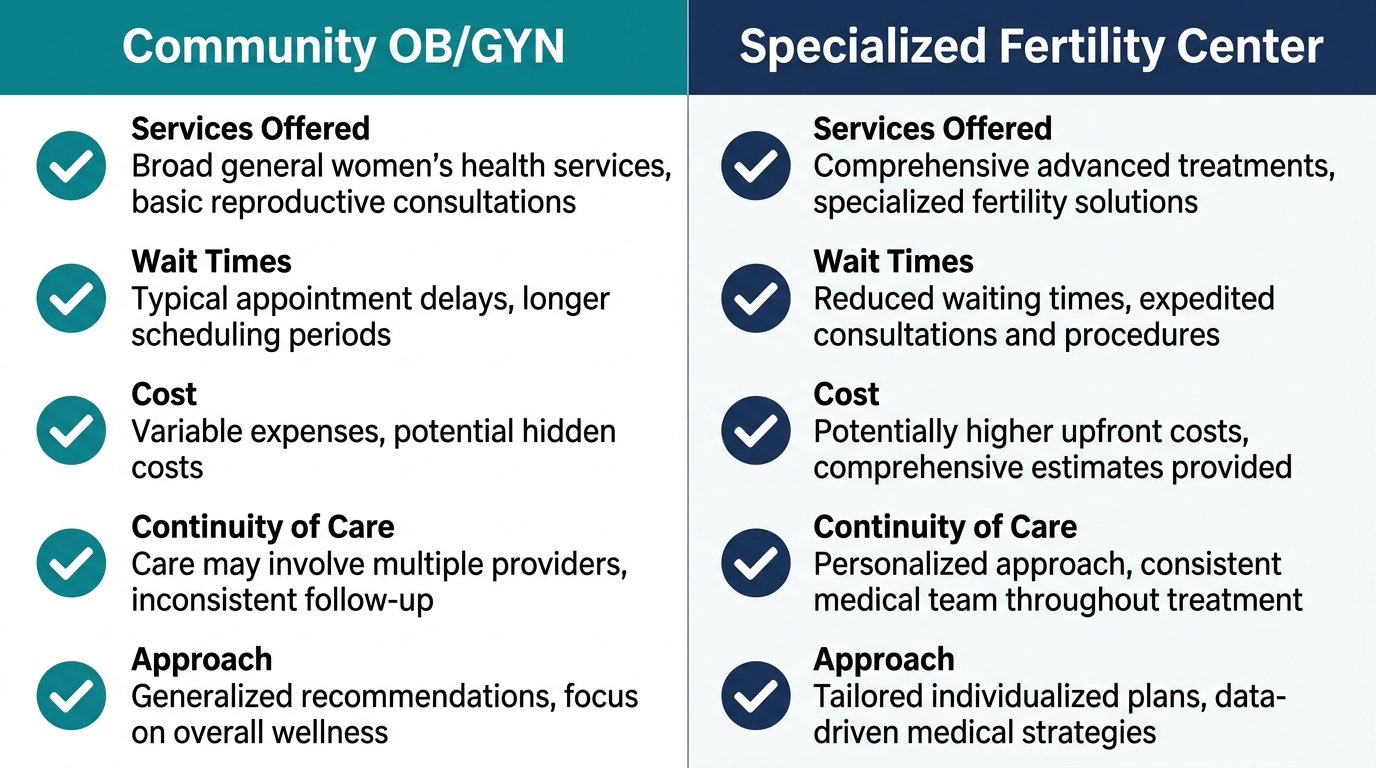 Comparison infographic of Community OB/GYN versus Specialized Fertility Center in Fort Lauderdale showing differences in services, wait times, cost, continuity of care, and approach