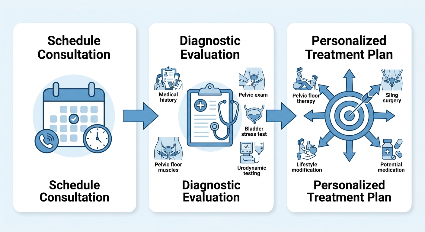 Three-step process flow showing schedule consultation, diagnostic evaluation, and personalized treatment plan for urogynecological care