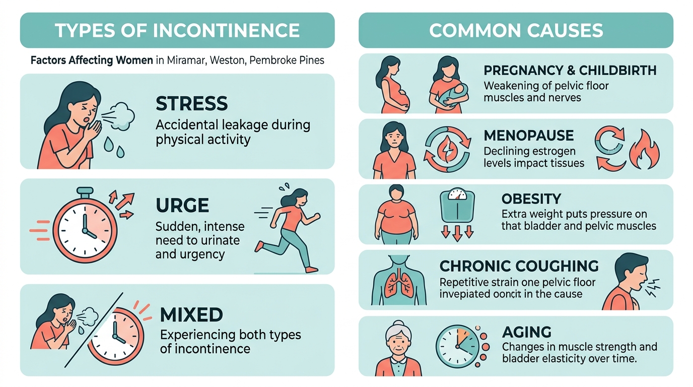 Infographic comparing types of urinary incontinence with causes, featuring columns for stress, urge, and mixed incontinence with icons for sneezing, clock, and combined indicators, highlighting factors affecting women in South Florida.