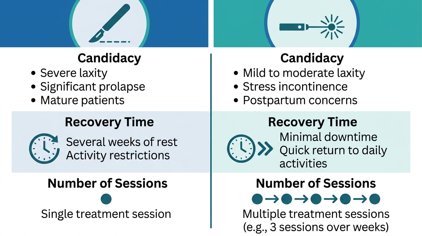 Infographic comparing surgical and non-surgical vaginal rejuvenation options side by side