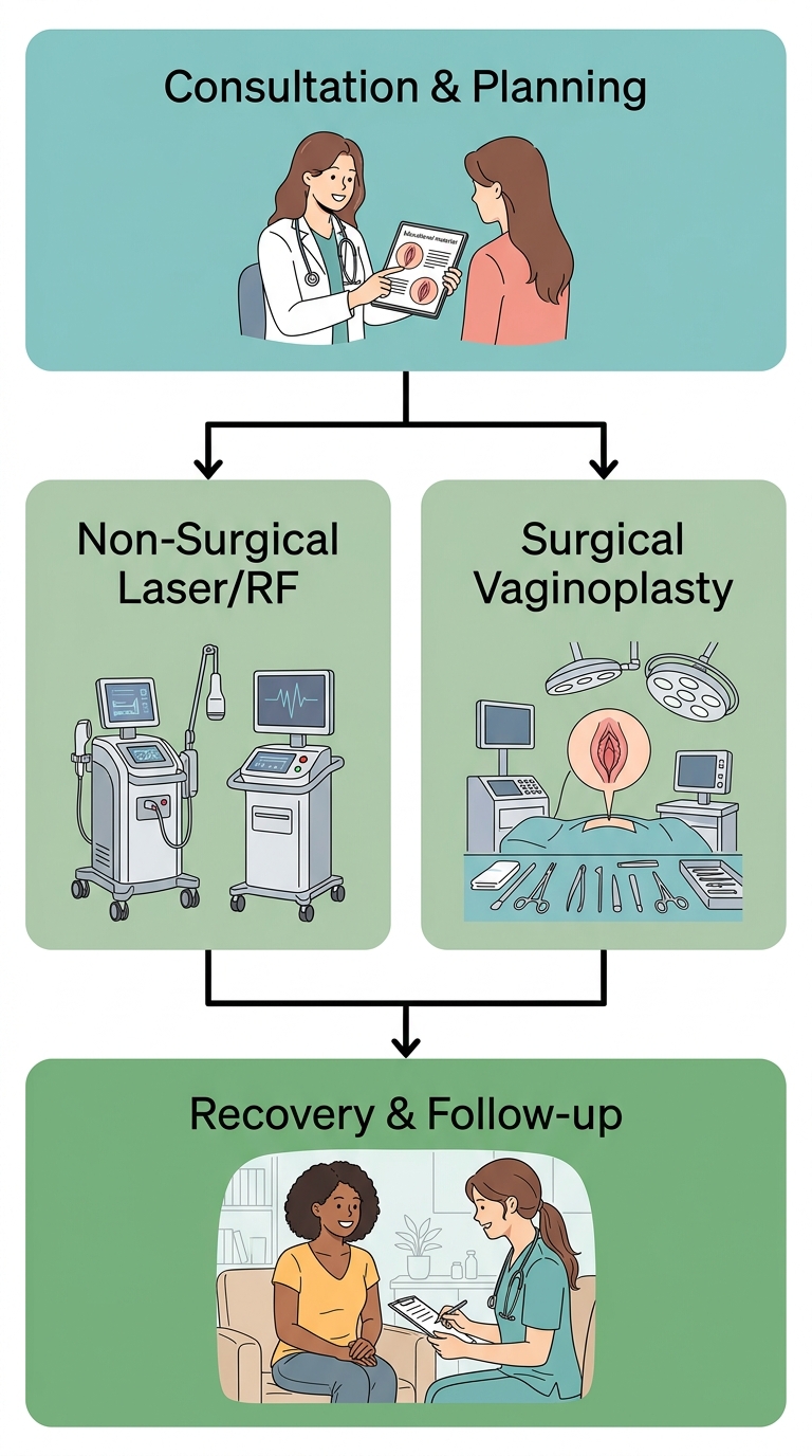 Vaginal rejuvenation process flow from consultation through non-surgical or surgical paths to recovery