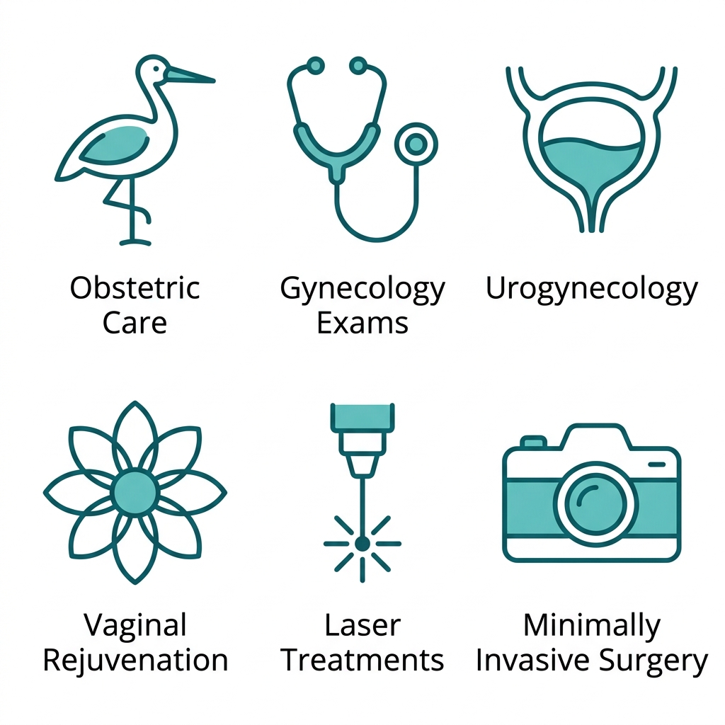 Comprehensive OBGYN services icon set showing obstetric care, gynecology exams, urogynecology, vaginal rejuvenation, laser treatments, and minimally invasive surgery in outline style