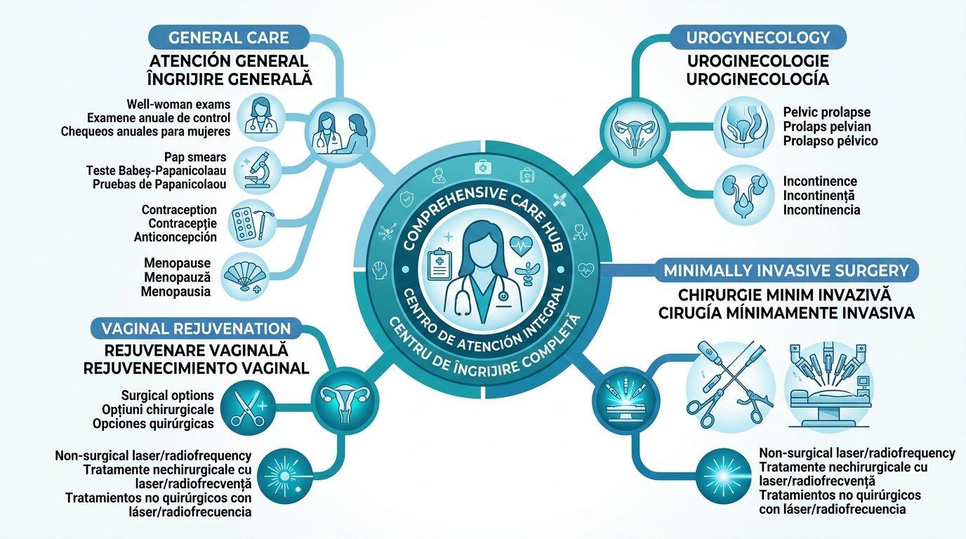 Infographic displaying comprehensive gynecological services for Hialeah women, organized around a central hub branching into General Care, Urogynecology, Minimally Invasive Surgery, and Vaginal Rejuvenation with icons and multilingual labels.