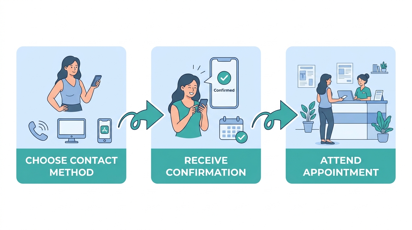 Three-step scheduling process for a gynecologist appointment showing contact method selection, confirmation from multilingual staff, and appointment attendance at a South Florida location.
