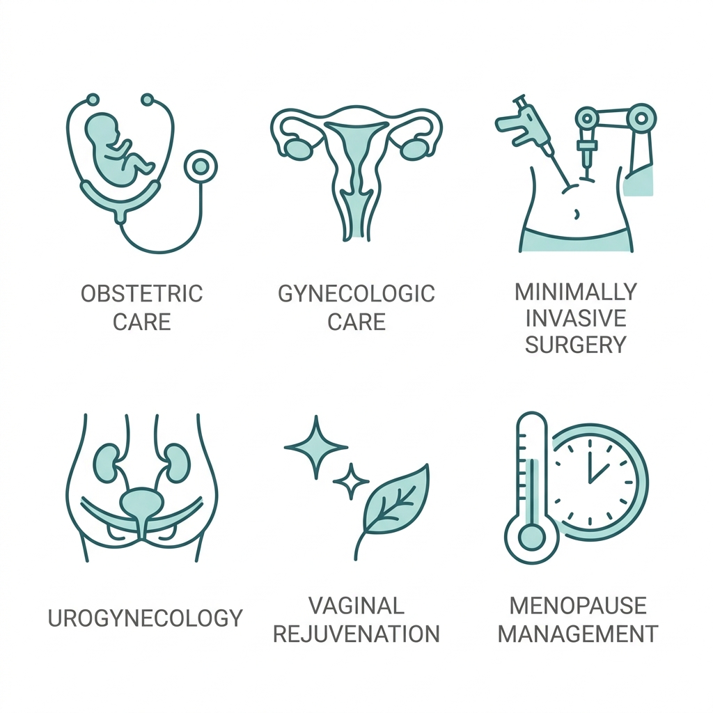 Simple icon grid showing six OBGYN services with clean teal outlines and gray labels