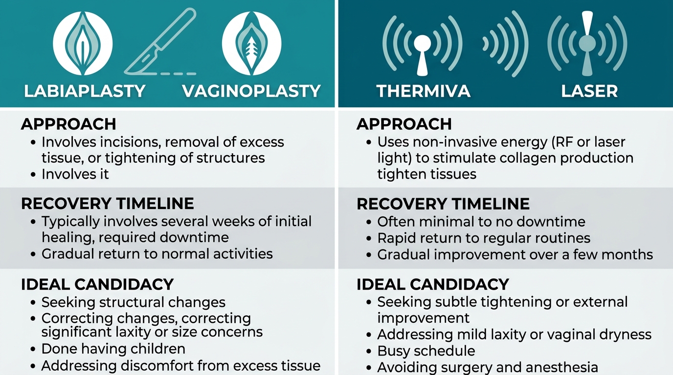 Comparison infographic of surgical and non-surgical vaginal rejuvenation options.