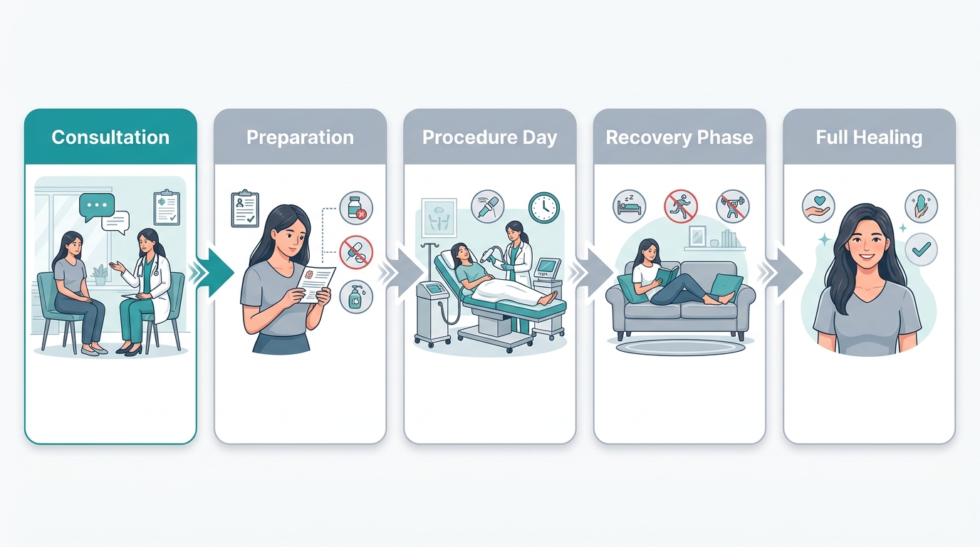Patient journey timeline for vaginal rejuvenation showing five stages from consultation through full healing with connecting arrows