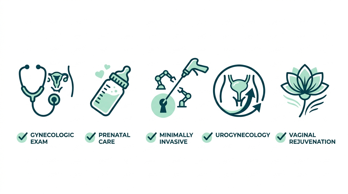 Horizontal infographic showing five core OBGYN services represented by icons with checkmarks in Pembroke Pines