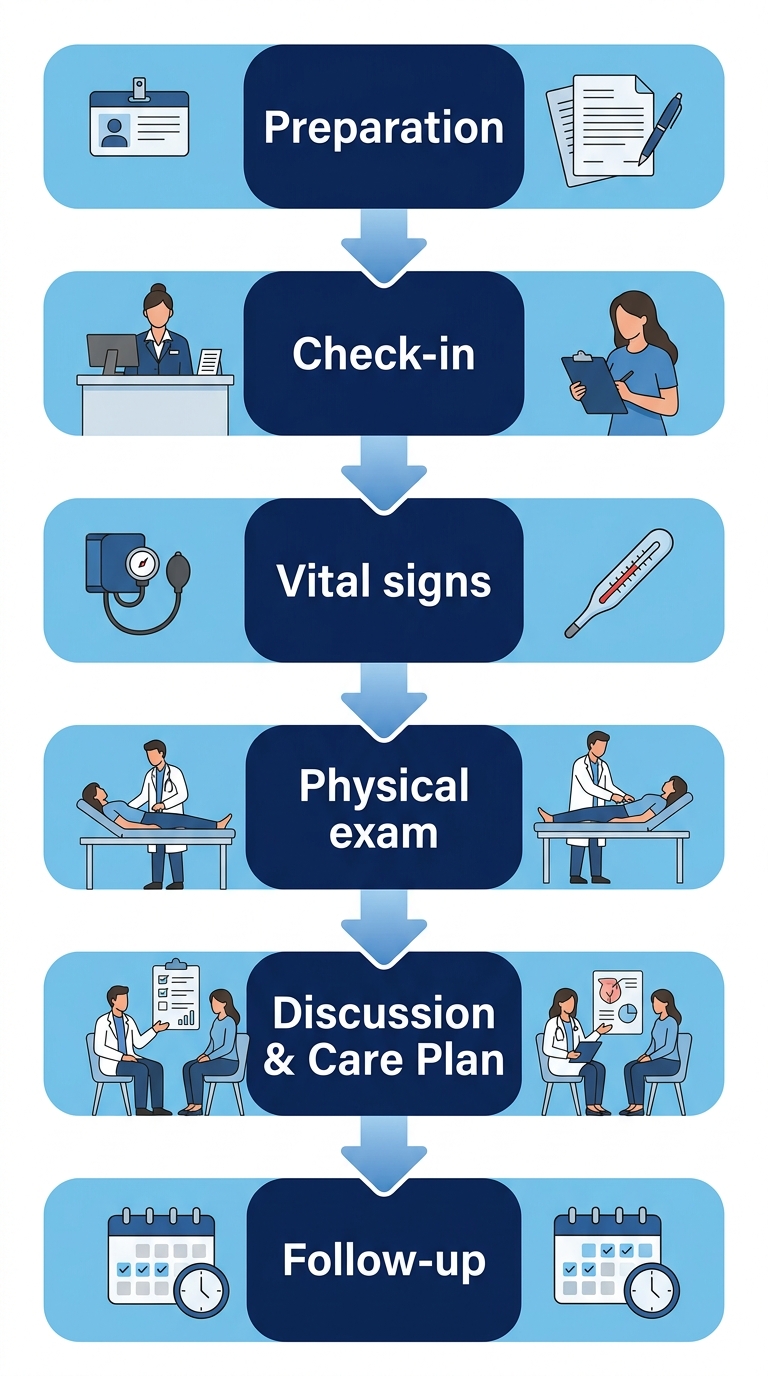 Vertical process flow diagram showing six steps of the first OBGYN visit: Preparation, Check-in, Vital signs, Physical exam, Discussion & care plan, and Follow-up. Clean clinical style, blue gradient.