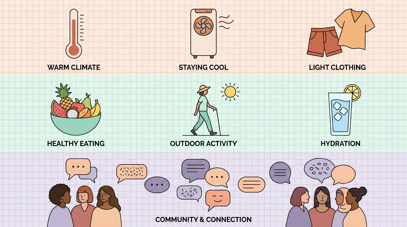Visualization of climate, lifestyle, and community factors affecting menopause in Pembroke Pines with three horizontal bands showing icons for temperature, air conditioning, tropical fruit, walking, hydration, and speech bubbles with flags.