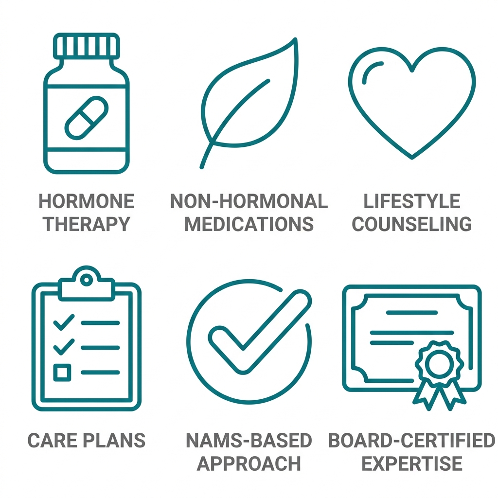 Set of 6 outline icons representing comprehensive menopause services, including hormone therapy, non-hormonal options, lifestyle counseling, care plans, NAMS-based approach, and board-certified expertise on a white background.