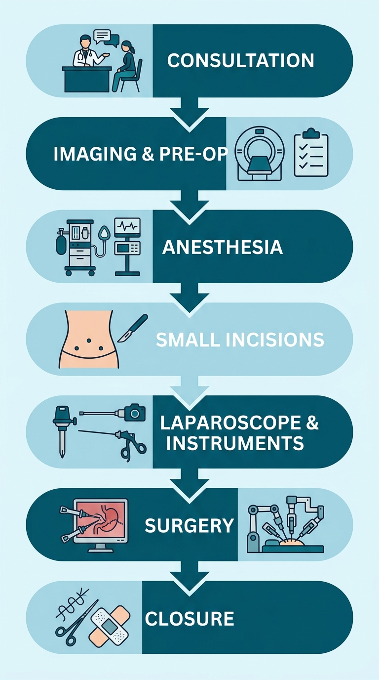 Laparoscopic gynecologic surgery process flow showing seven stages from Consultation to Closure with icons and downward arrows.
