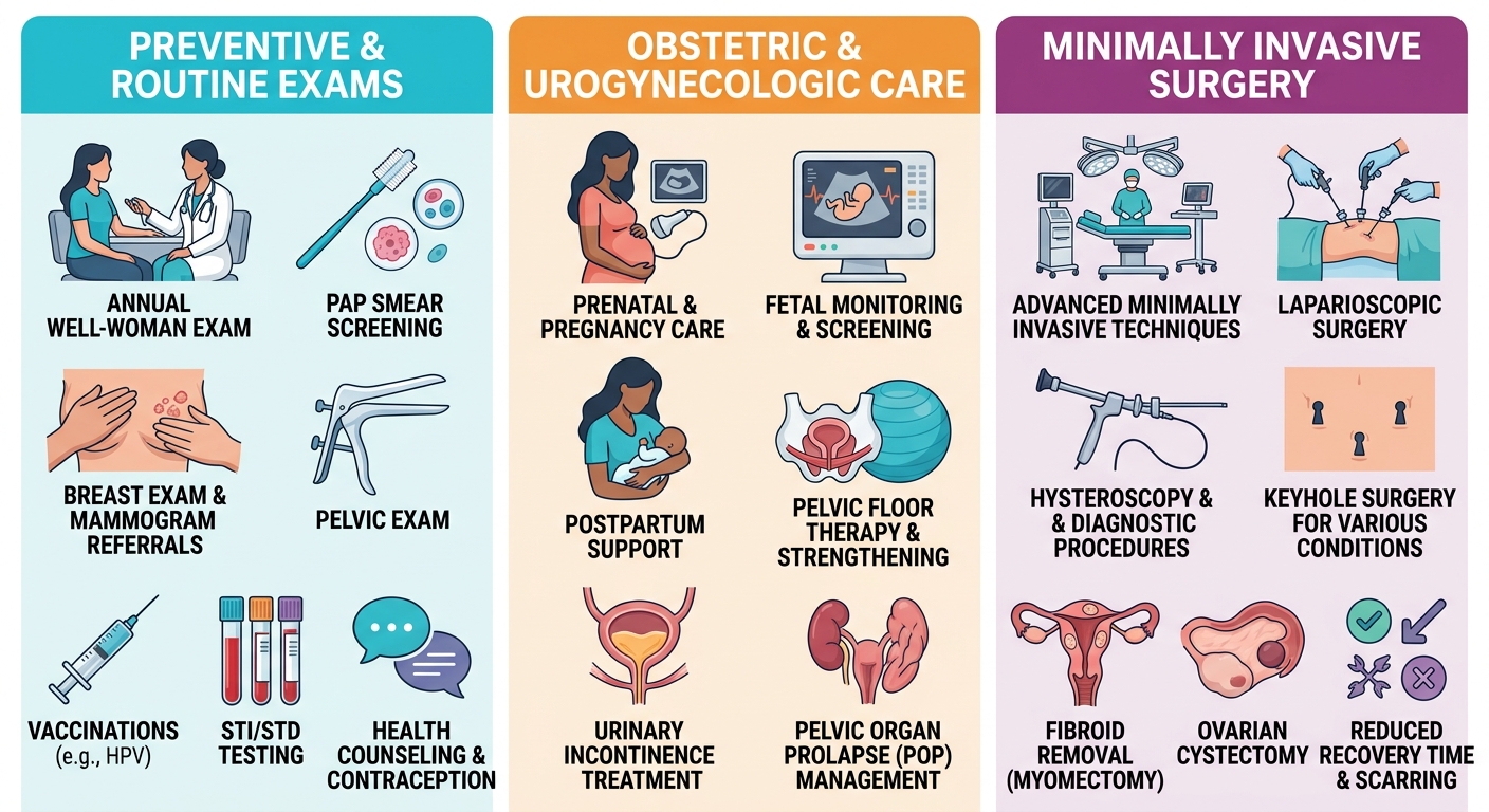 Comprehensive gynecologic services infographic showing three main categories of women's health care offered in Pembroke Pines