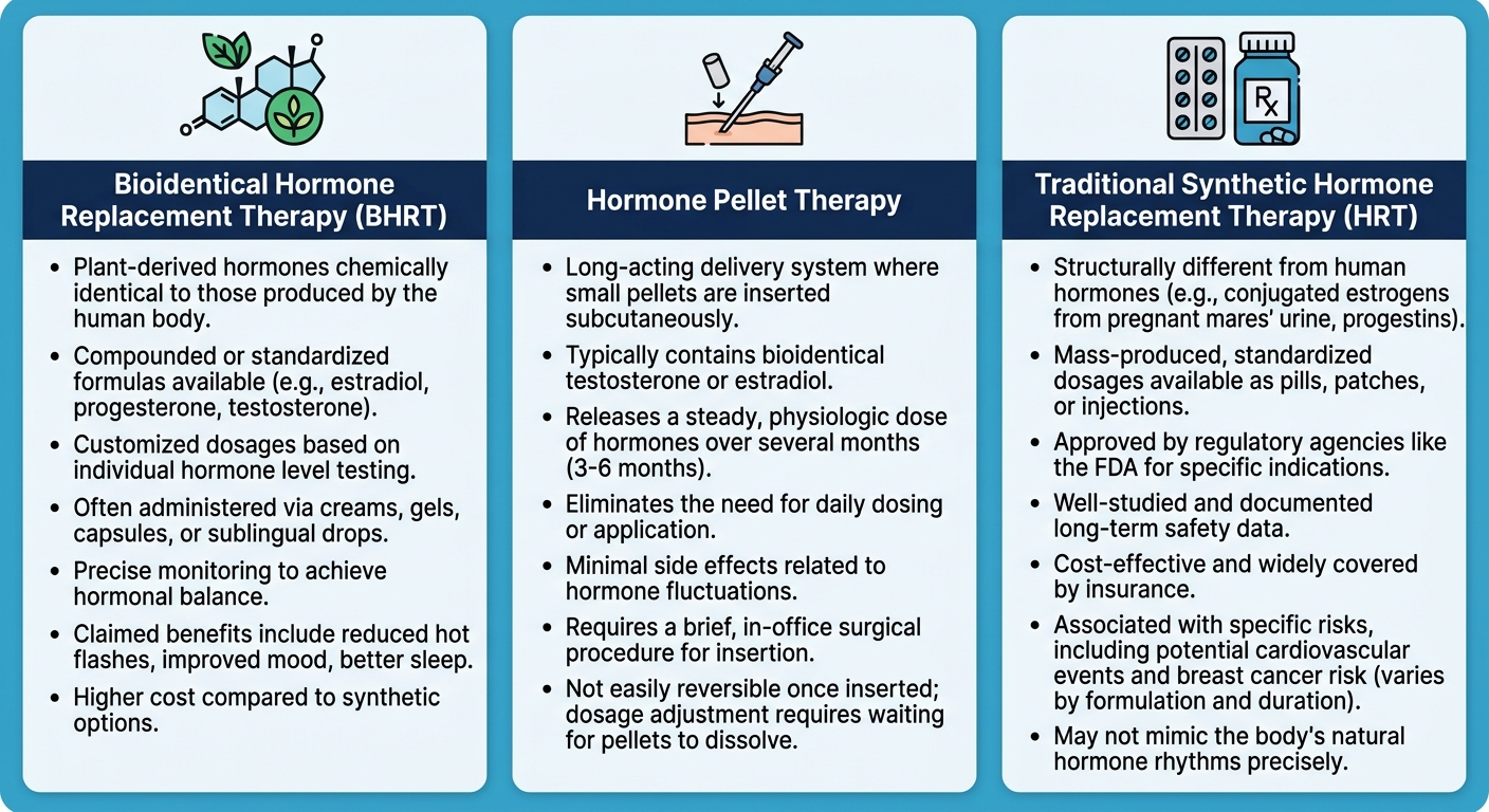 Infographic comparing three hormone therapy options with icons and color-coded headers in a clean, modern medical design