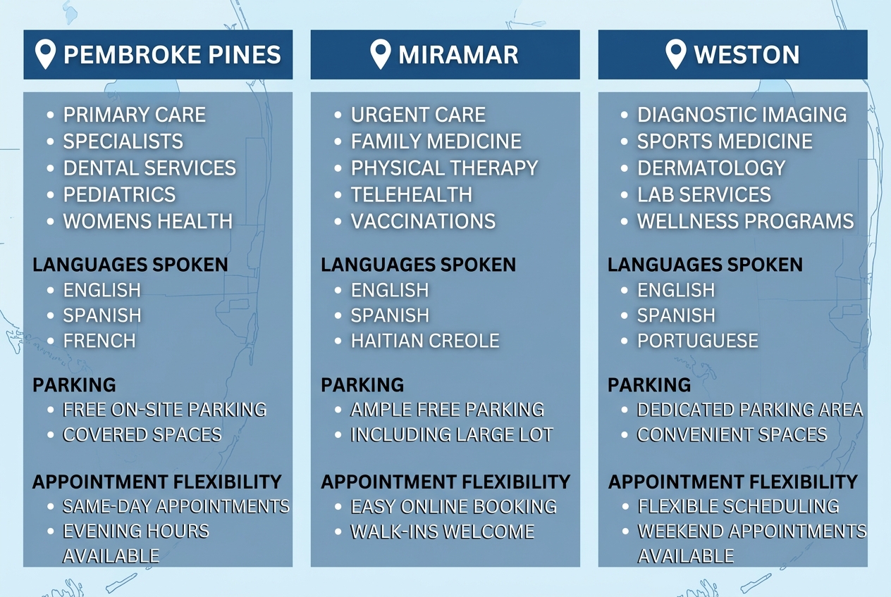 Comparison infographic of First Class OBGYN locations in Pembroke Pines, Miramar, and Weston South Florida with services and amenities.