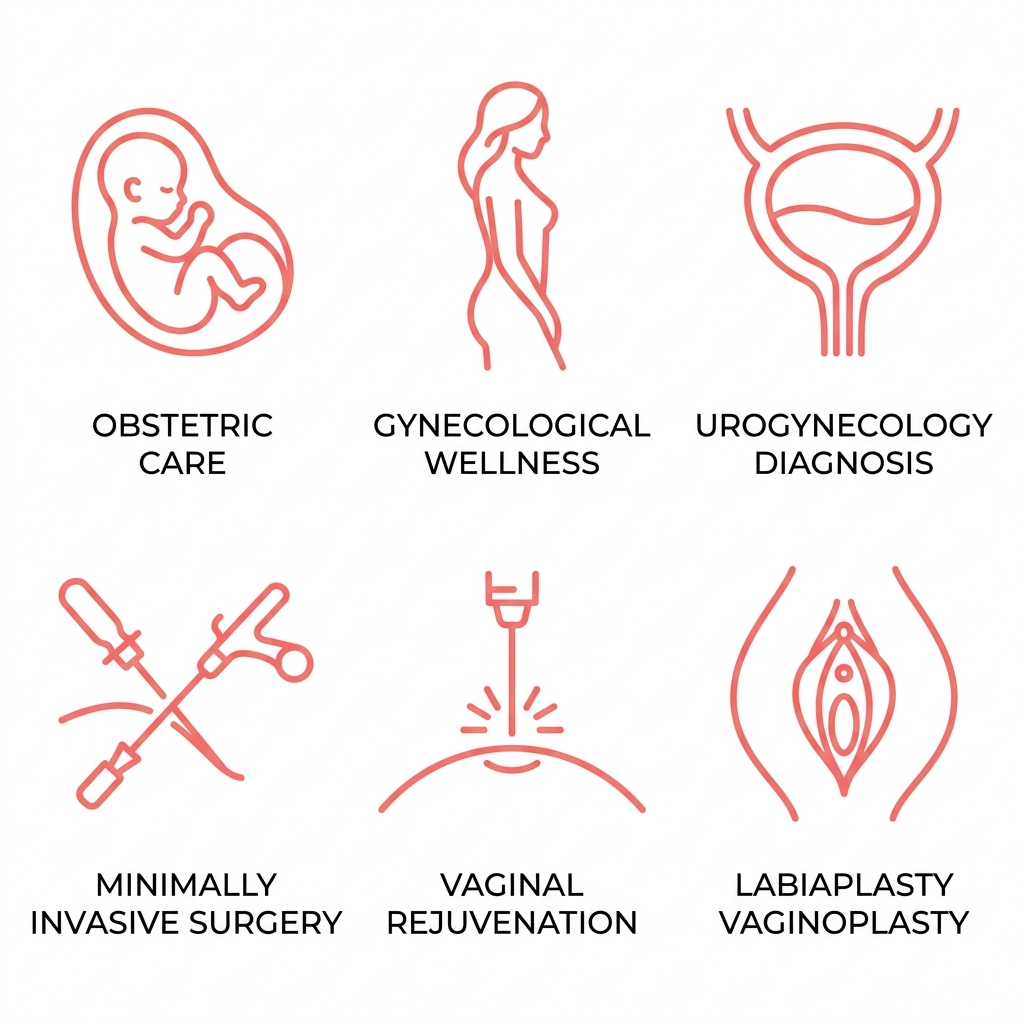 A grid of six service icons: obstetric care, gynecological wellness, urogynecology, minimally invasive surgery, vaginal rejuvenation, and labiaplasty/vaginoplasty in coral pink line art with labels.