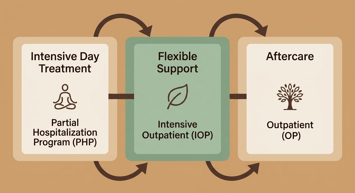 Three-step continuum of care visualization showing PHP to IOP to OP progression with curved arrows and holistic therapy icons in calm earth tones