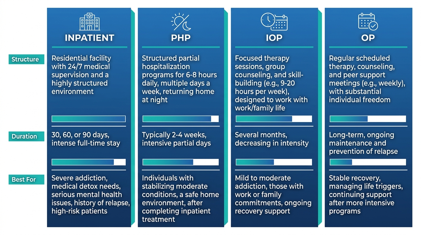 Infographic comparing addiction treatment levels of care in Warminster and Bucks County, including inpatient, PHP, IOP, and OP.